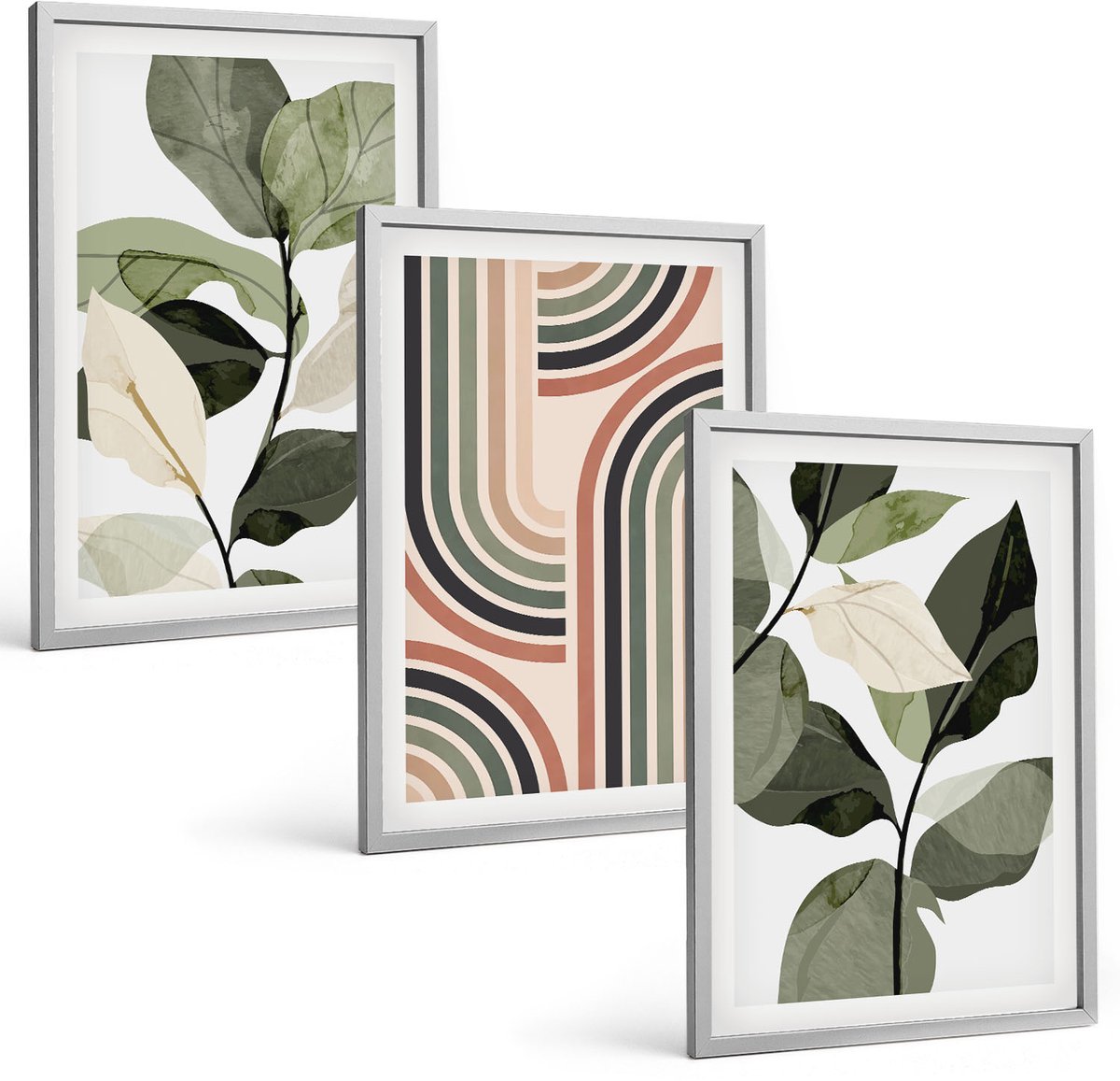 Coloray 3-Delige Schilderij Set - Plantmotieven Met Geometrische Patronen In Groene Tinten - 40 x 60 cm - Muurdecoratie - Interieur Decoratie