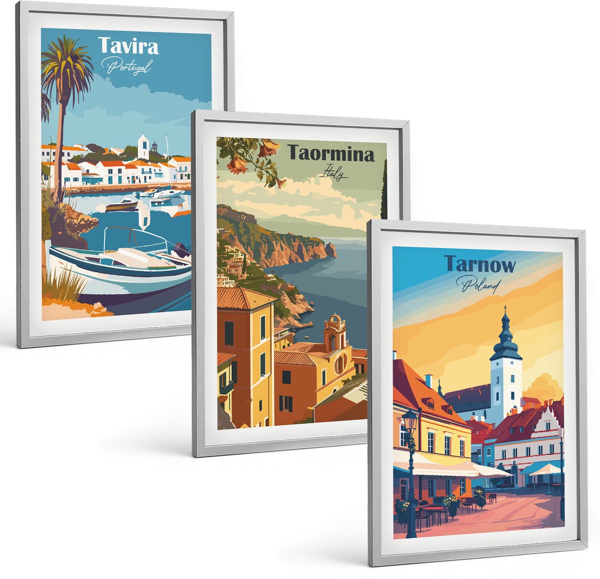 Coloray 3-Delige Schilderij Set - Uitzichten Op Kuststeden En Hun Architectuur - 40 x 60 cm - Muurdecoratie - Wanddecoratie - Slaapkamer - Moderne Wanddecoratie