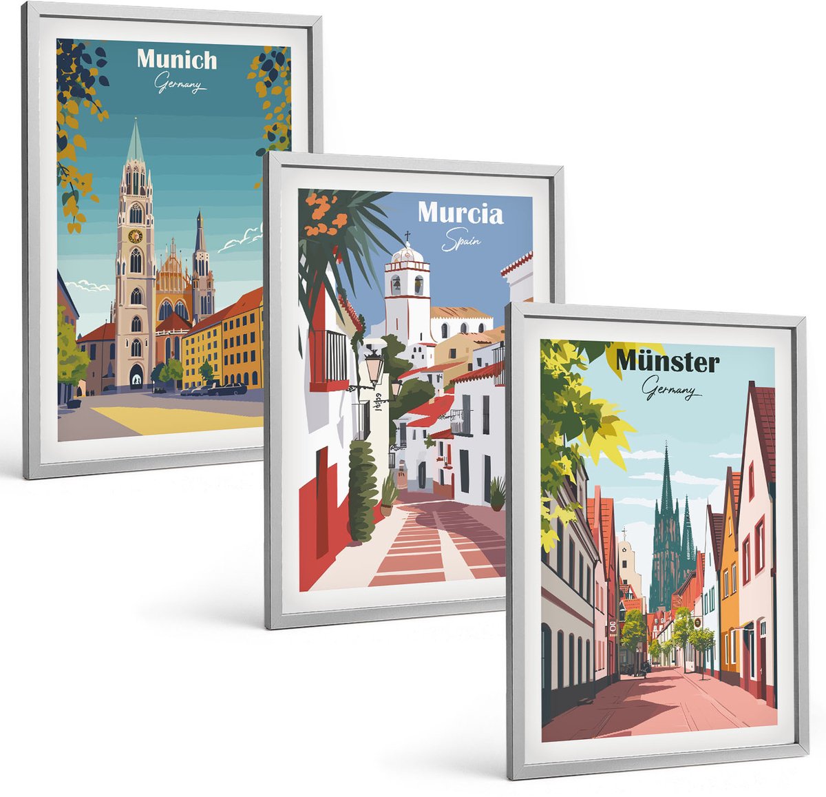 Coloray 3-Delige Schilderij Set - Europese Steden In Kleurrijke Illustraties - 40 x 60 cm - Decoratieve Schilderijen - Wanddecoratie - Hal