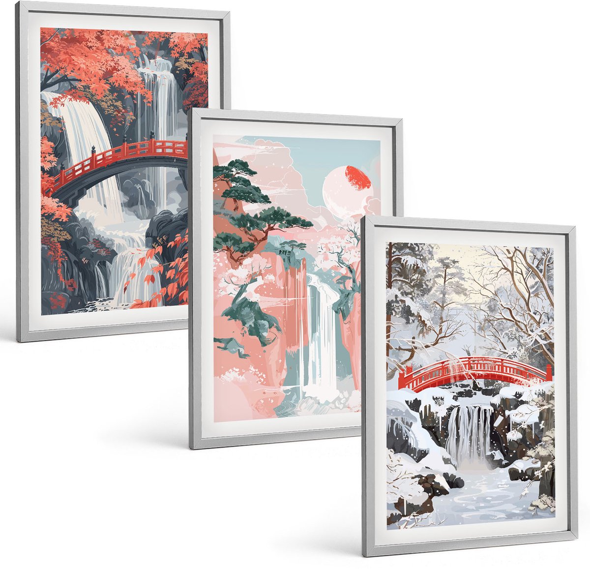 Coloray 3-Delige Schilderij Set - Watervallen In Verschillende Seizoenen Met Bruggen En Bomen. - 40 x 60 cm - Stijlvolle Muurdecoratie - Slaapkamer - Interieur Decoratie