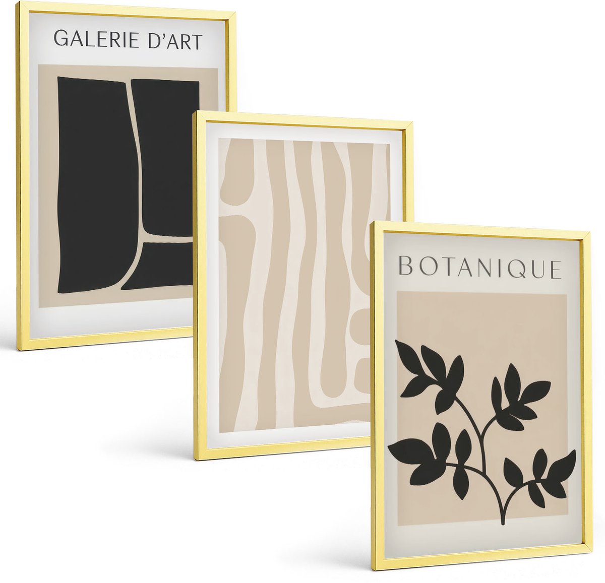 Coloray 3-Delige Schilderij Set - Abstracte Vormen En Plantmotieven In Neutrale Tinten. - 40 x 40 cm En 40 x 60 cm - Muurdecoratie - Wanddecoratie - Hal - Moderne Wanddecoratie