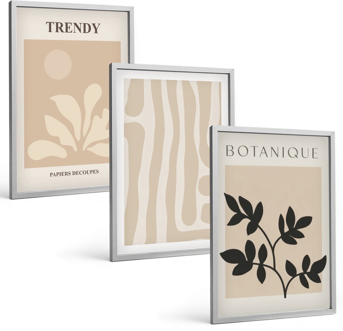 Coloray 3-Delige Schilderij Set - Stijlvolle Plantenpatronen In Beige En Zwarte Tinten. - 40 x 60 cm - Wanddecoratie - Muurdecoratie - Woonkamer - Moderne Wanddecoratie