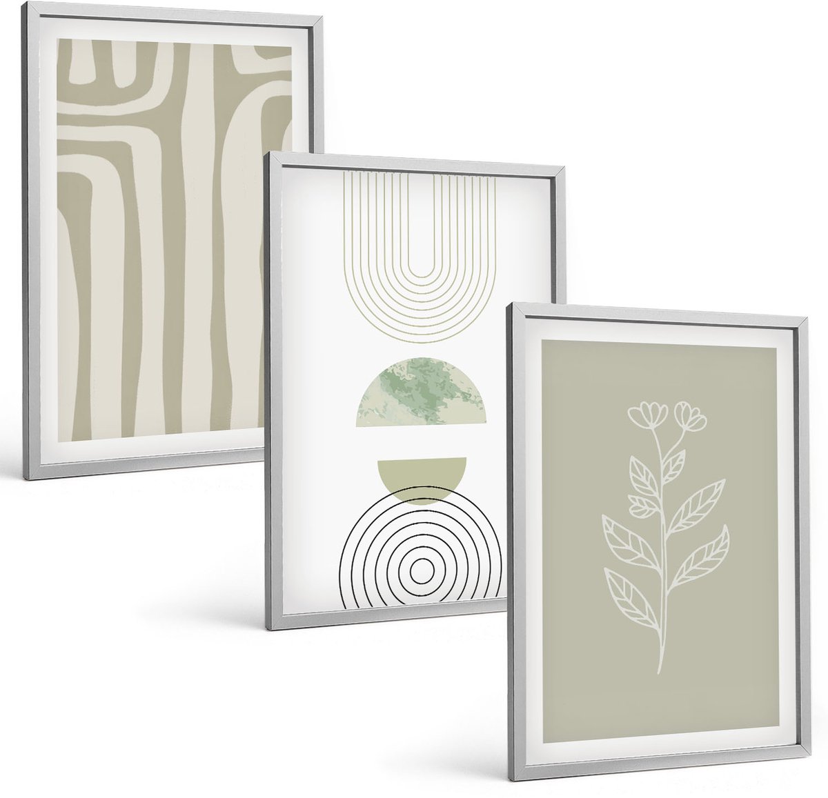 Coloray 3-Delige Schilderij Set - Geometrische Patronen Met Plantenaccenten In Groene Tinten. - 40 x 60 cm - Stijlvolle Muurdecoratie - Kantoor