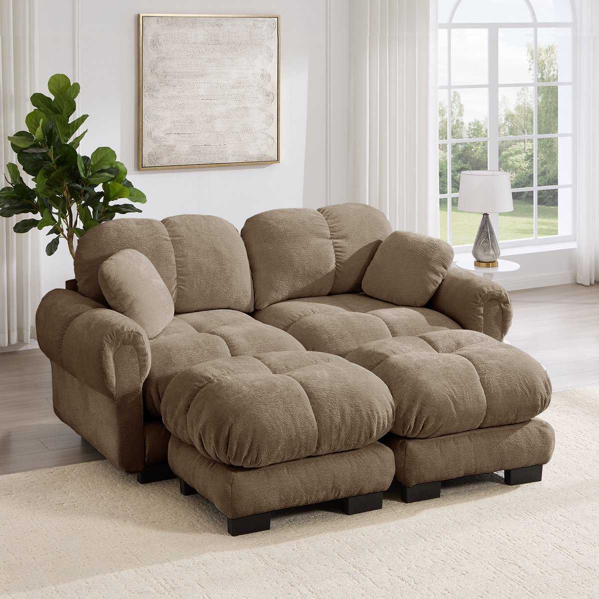 REDOM - U-bank - Chenille bekleding - Gestikte zitting - Mobiele ottomane - Designstijl - Woonkamer - Bruin - 190 x 149 x 90 cm