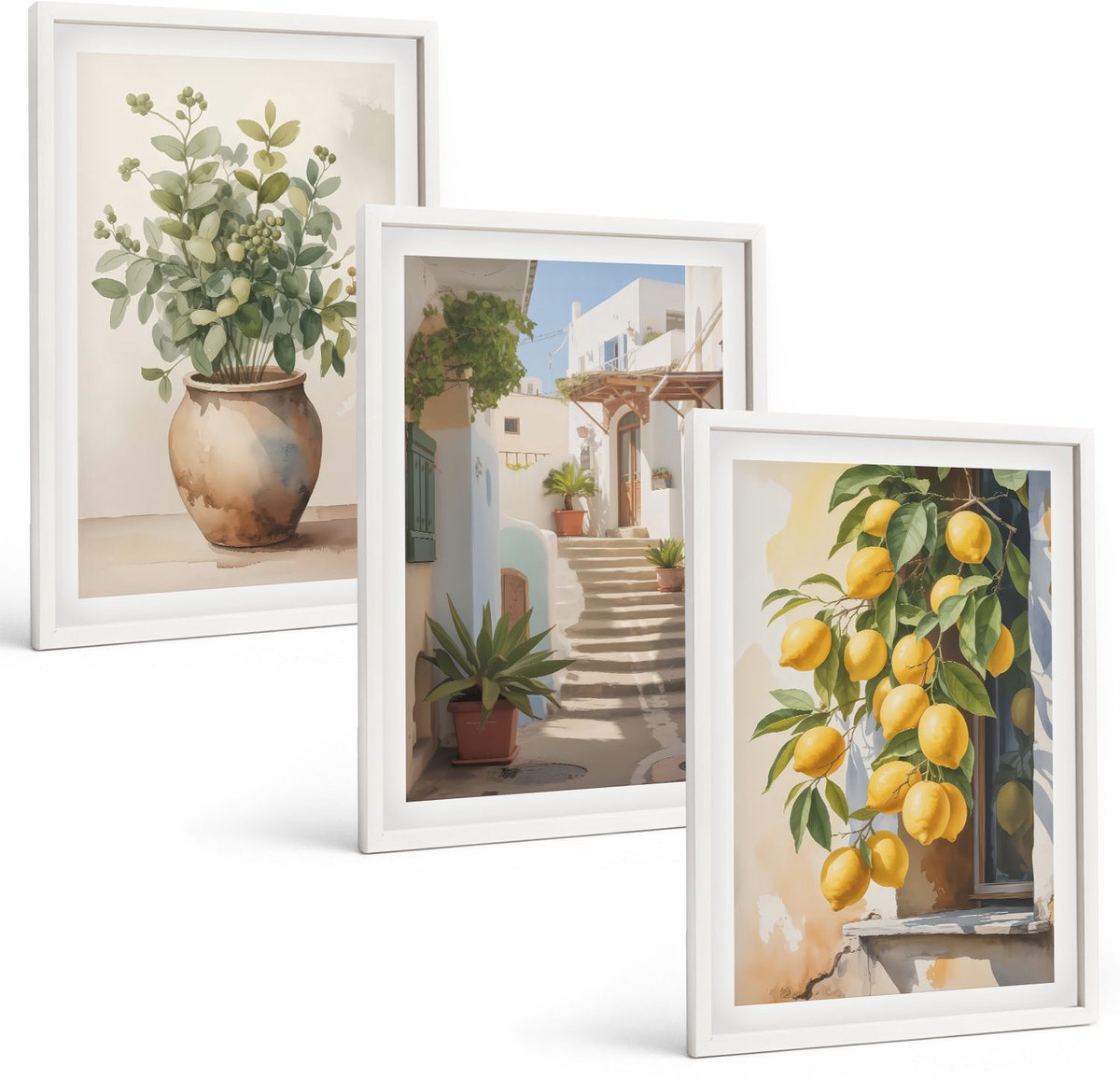 Coloray 3-Delige Schilderij Set - Potplanten En Citroenen Tegen De Achtergrond Van Een Straat. - 40 x 60 - Wanddecoratie - Woonkamer Decoratie - Muurdecoratie