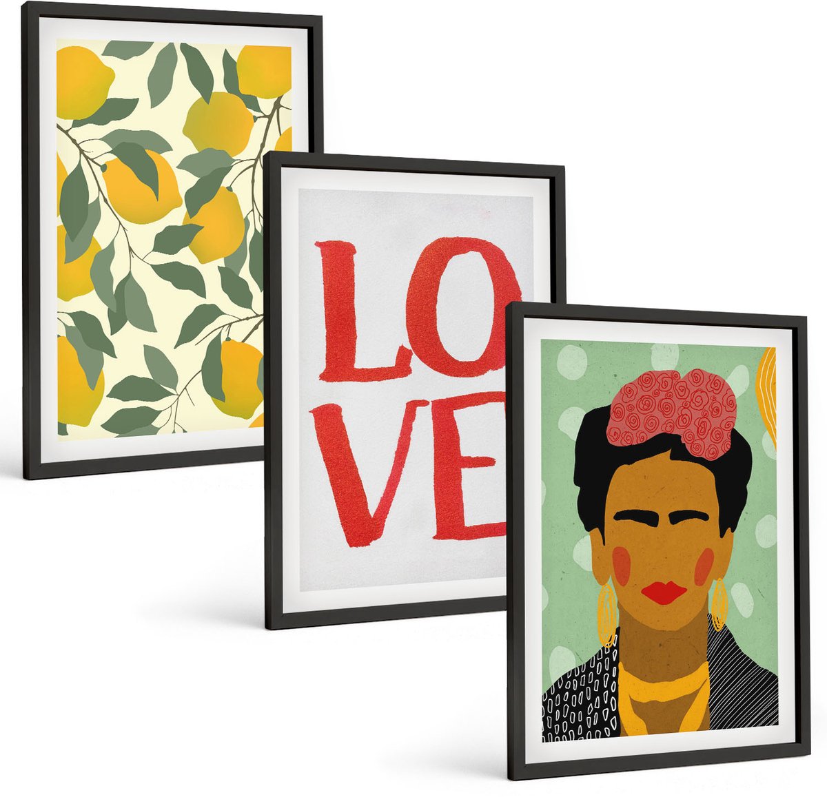 Coloray 3-Delige Schilderij Set - Citroenen Liefde Lettering Geschilderd Portret Van Frida Kahlo - 40 x 60 cm - Schilderijen Set - Wanddecoratie - Woonkamer - Woonkamer Decoratie