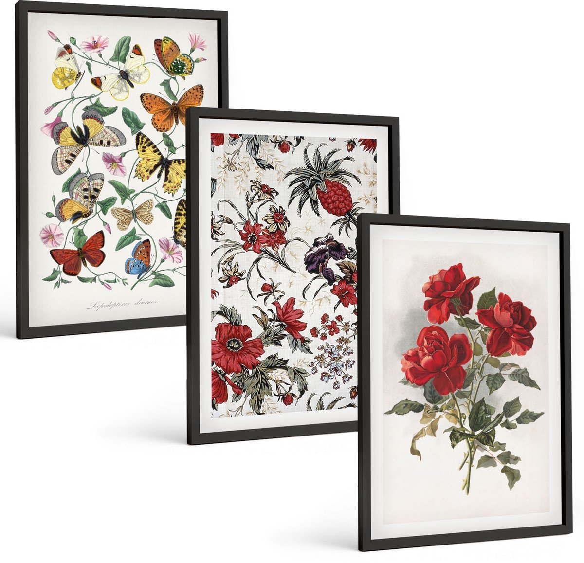 Coloray 3-Delige Schilderij Set - Vlinders, Bloemen En Rode Rozen In Een Klassieke Stijl. - 40 x 60 cm - Wanddecoratie - Schilderijen Set - Kantoor - Woonkamer Decoratie