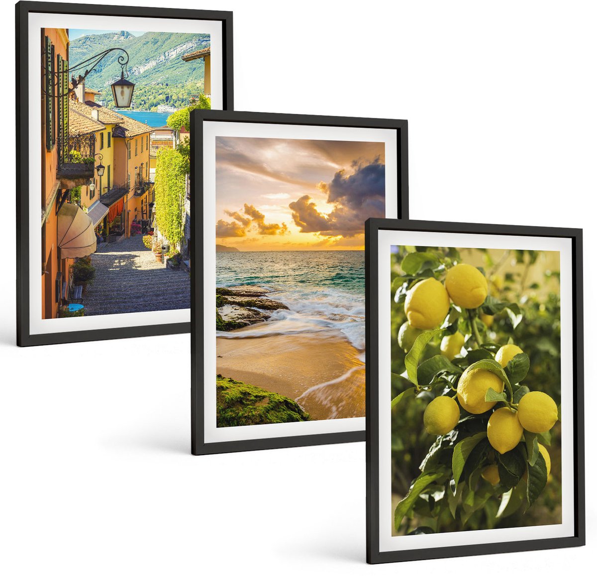 Coloray 3-Delige Schilderij Set - Schilderachtige Straatjes, Zee, Strand En Citrusbomen. - 40 x 60 cm - Wanddecoratie - Schilderijen Set - Interieur - Woonkamer Decoratie