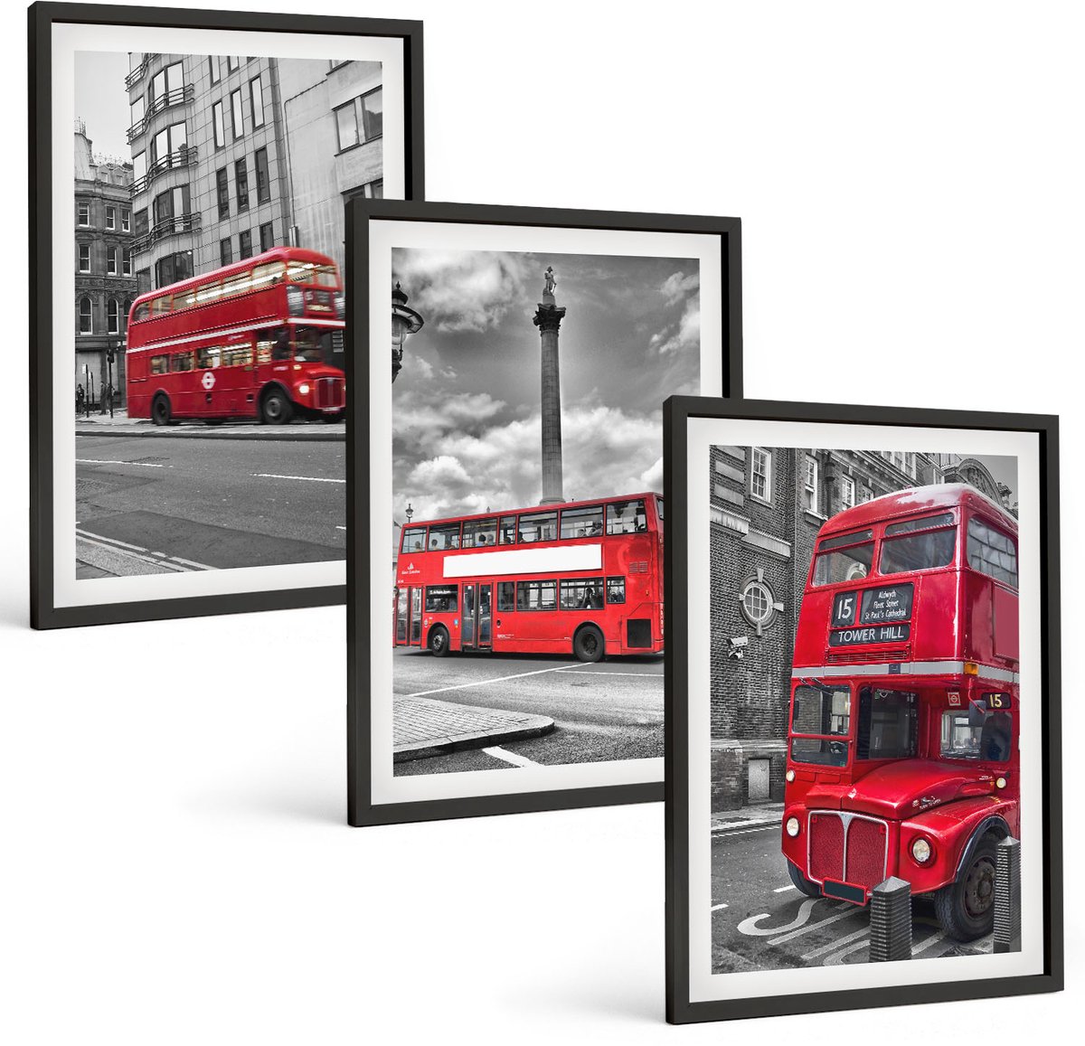 Coloray 3-Delige Schilderij Set - Rode Bussen In Het Londense Stadslandschap - 40 x 60 cm - Decoratieve Muurdecoratie - Slaapkamer