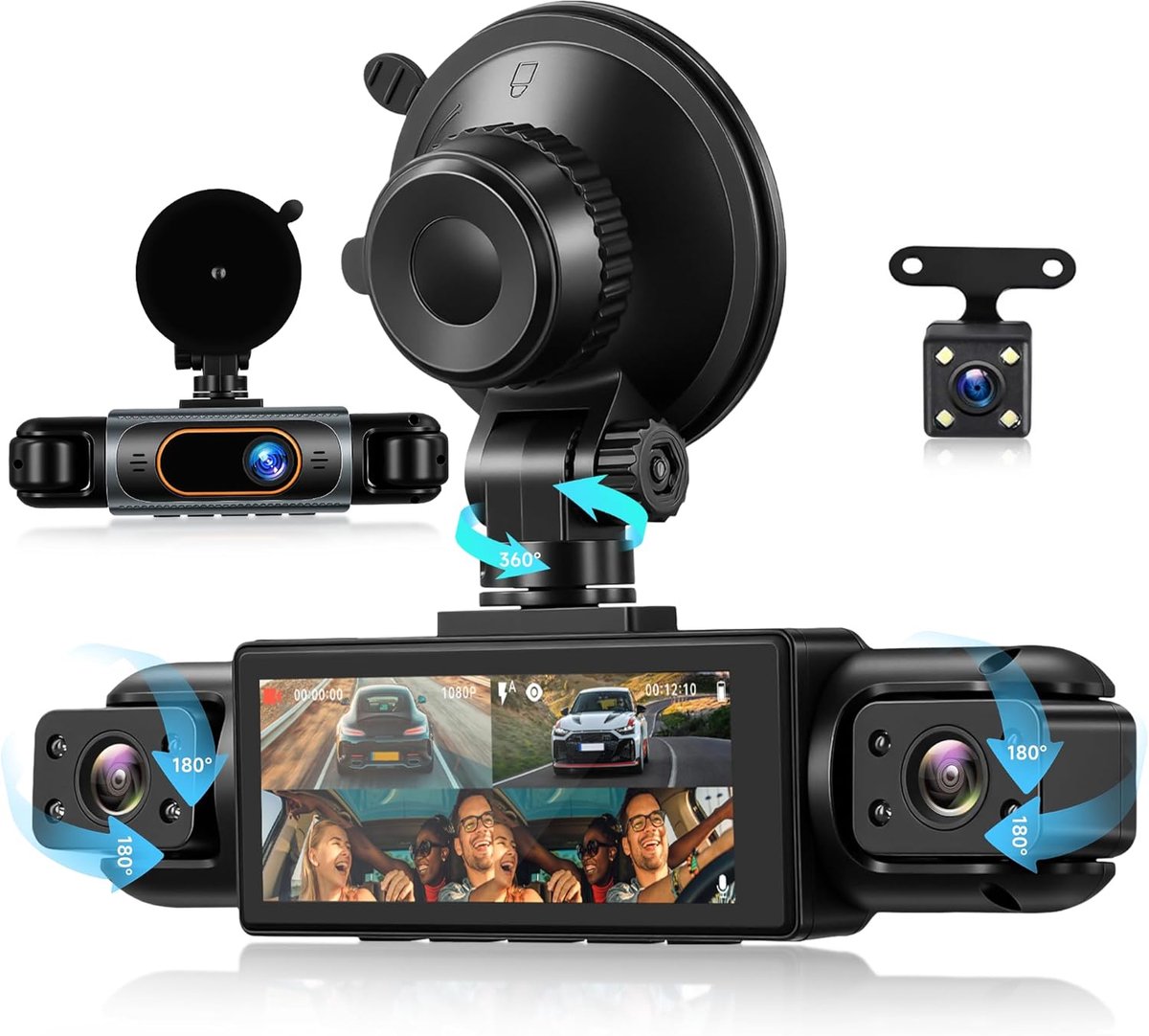 4-kanaals 360° Dashcam voor Auto, FHD 1080P met 3,16-inch IPS-scherm, camera's voor, achter, links en rechts, nachtzicht, loop-opname, 24-uurs parkeermodus en achteruitrijweergave