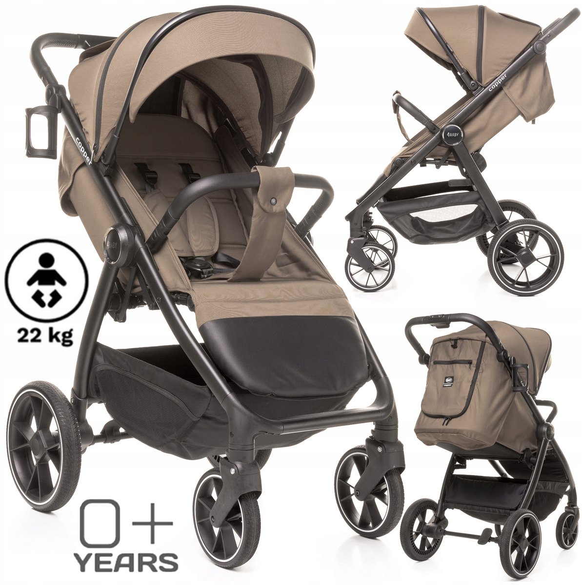 4BABY Koperen kinderbuggy - licht van gewicht, Grote Wielen, incl. accessoires