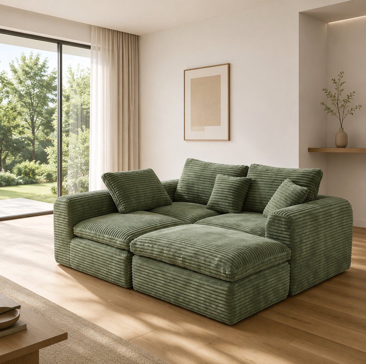 FloraGrace Slaapbank 280 x 180 x 65 cm - 3-Zits Modulaire Bank Met 3-In-1 Opstelling Als Hoekbank, Rechte Bank Of Bed - Ribstof - Groen