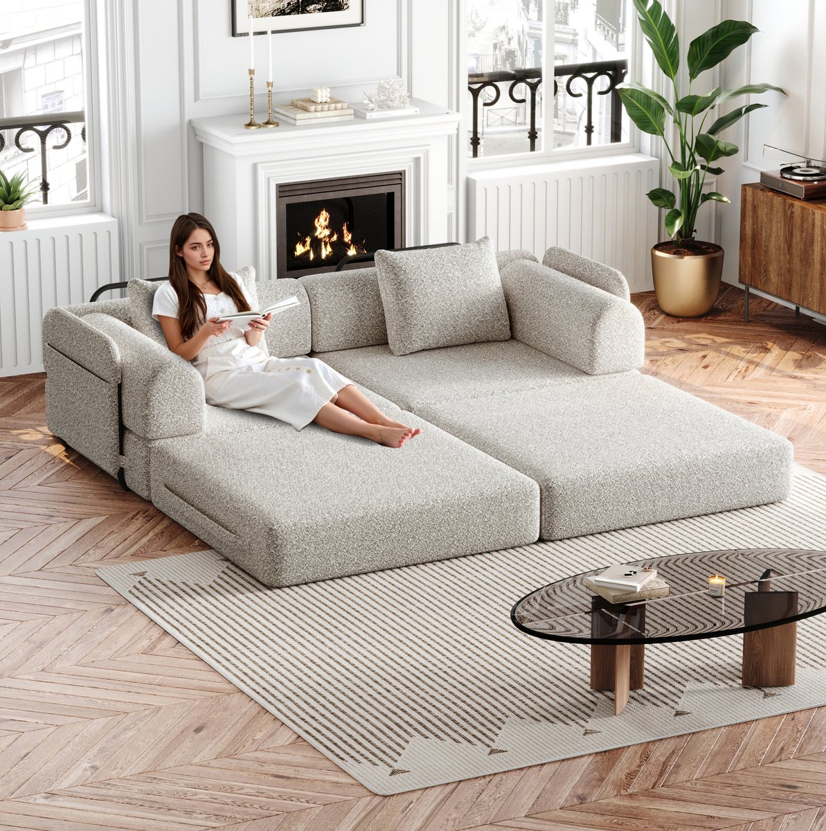 FloraGrace Slaapbank – 2-Zits 2-In-1 Bedbank Met Opbergruimte In Armleuning – Modulair Voor Woonkamer Of Logeerkamer – Chenille – Khaki