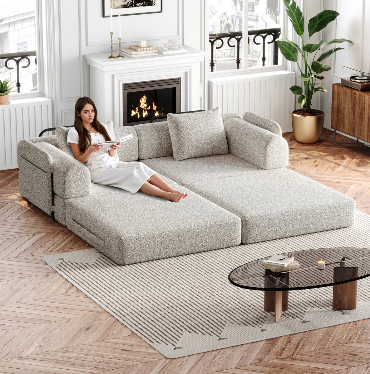MIVRAY Slaapbank - 2-Zits Modulaire Chenille Slaapbank - Met Opbergruimte In Armleuning - Voor Woonkamer - Chenille - Khaki