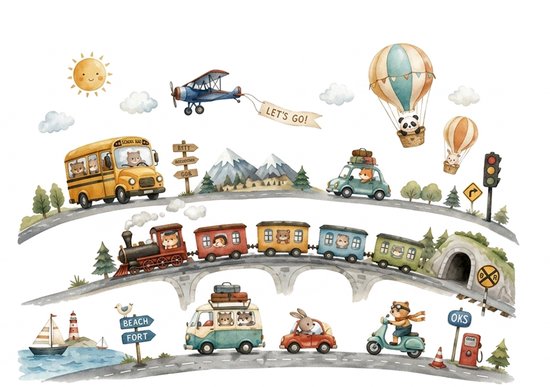 Un sticker mural avec une joyeuse caravane d'animaux à travers les montagnes. Un bus scolaire jaune, un train, une voiture, une camionnette, un scooter et un petit avion avec des animaux.