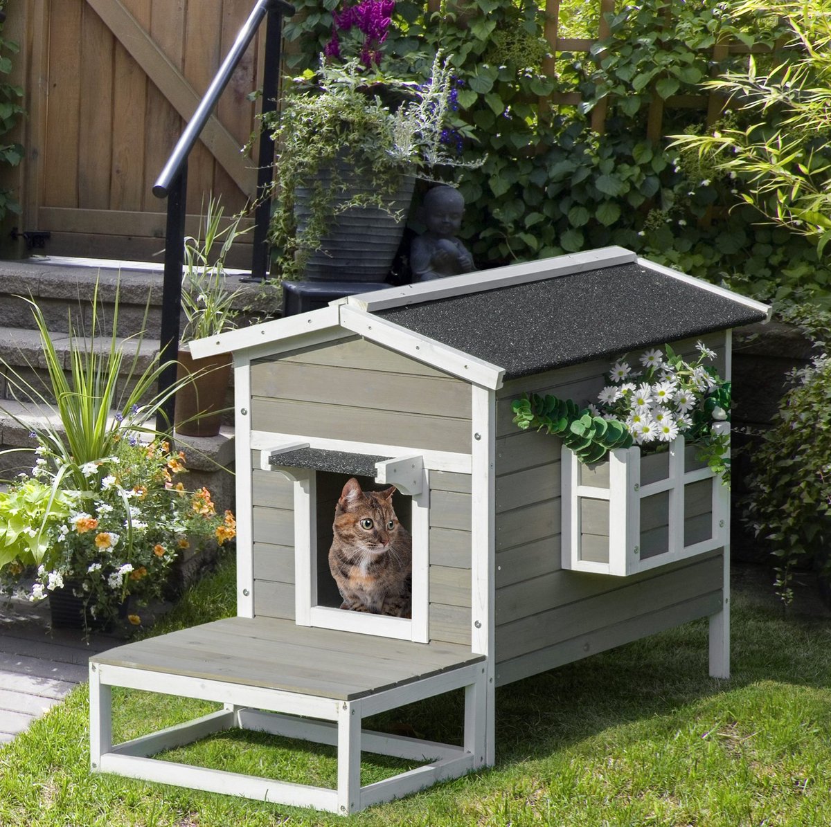 MODFU-Kattenhuis Met Terras En Balkon-Grijs Wit-Hout-115 X 66,5 X 74,7 Cm