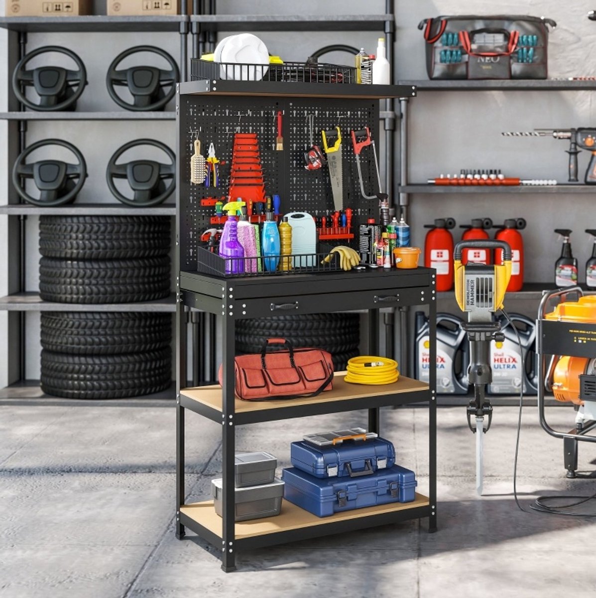 REDOM - Werkbank - Lochwand met haken - Schublade en 2 legplanken - Stalen frame en MDF - Voor garage en werkplaats - Zwart - 80 x 40,5 x 155 cm