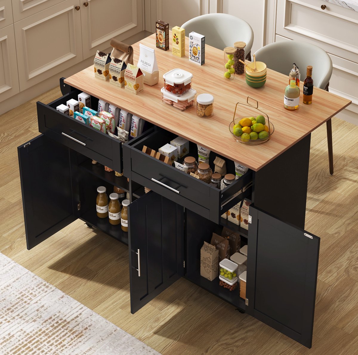 REDOM - Keukeneilandtafel - Opklapbaar blad - Op wielen met 2 lades en verstelbare planken - Europese stijl - Keuken en eetkamer - MDF - Zwart en Naturel - 129 x 46 x 91,5 cm