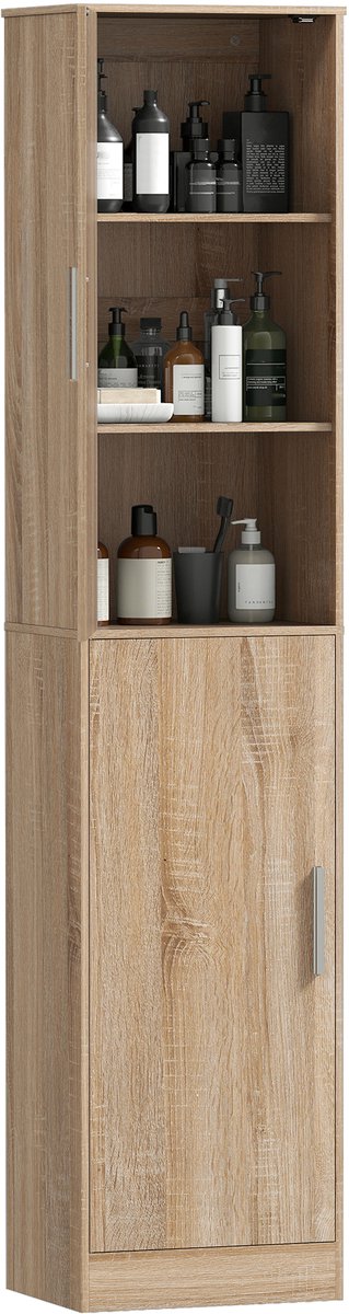 Hoge Badkamerkast met 2 Deuren - 40 x 35 x 180 cm - Opbergkast voor Badkamer - Natuurlijk hout