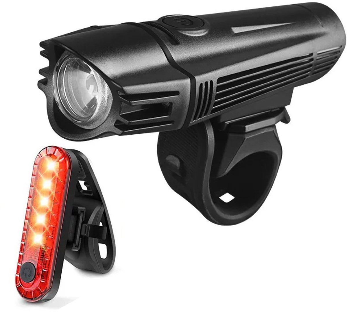 Complete LED‑fietsverlichtingsset, bestaande uit een voorlicht en achterlicht, USB‑oplaadbaar, waterdicht, geschikt voor racefiets, MTB/mountainbike, duurzaam voor veilige fietstochten.