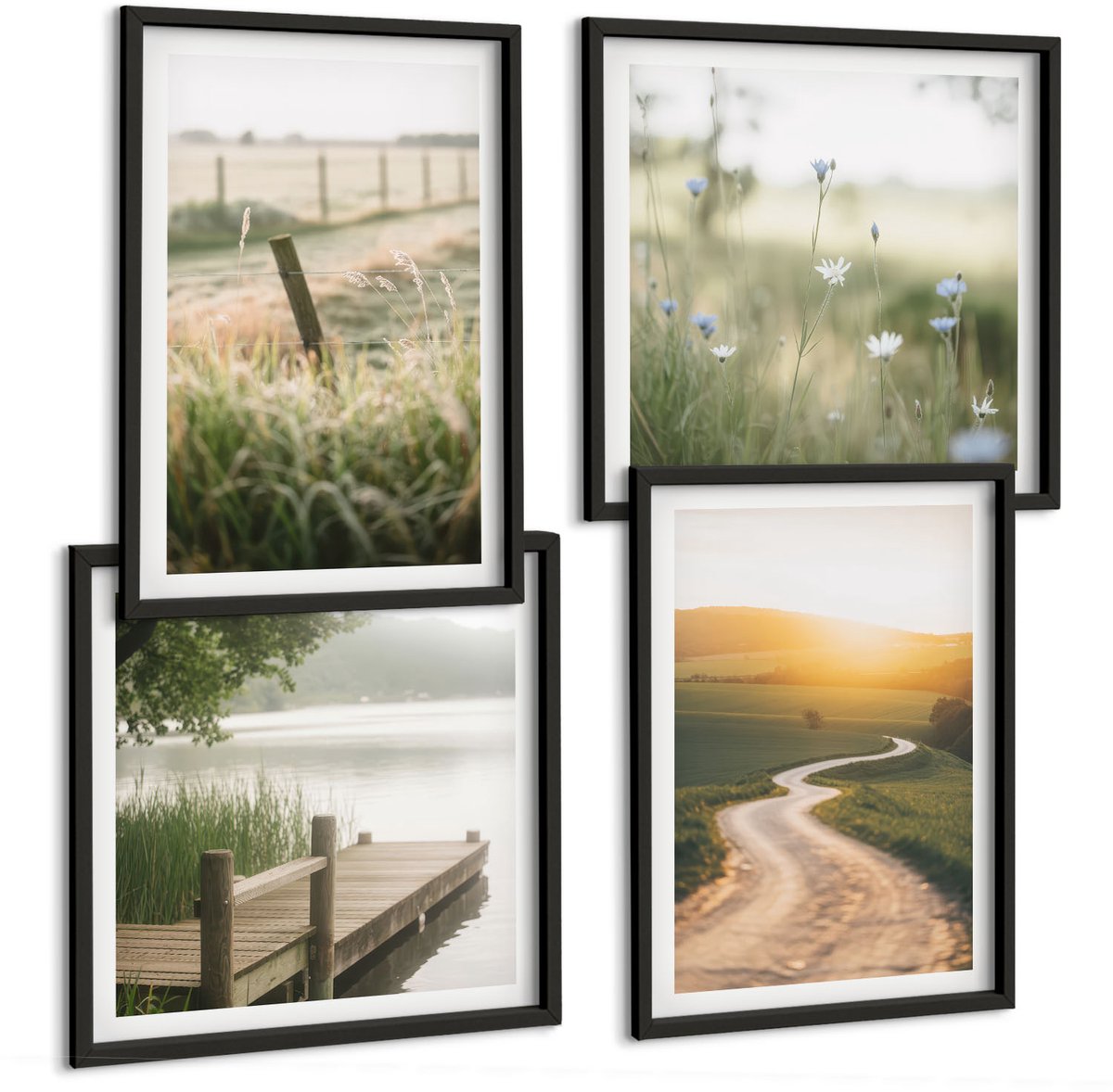 Coloray 4-Delige Schilderij Set - Landschap Met Een Weide, Een Weg En Een Zonsondergang. - 40 x 40 cm En 40 x 60 cm - Wanddecoratie - Moderne Interieurdecoratie - Woonkamer Decoratie Zwarte lijst