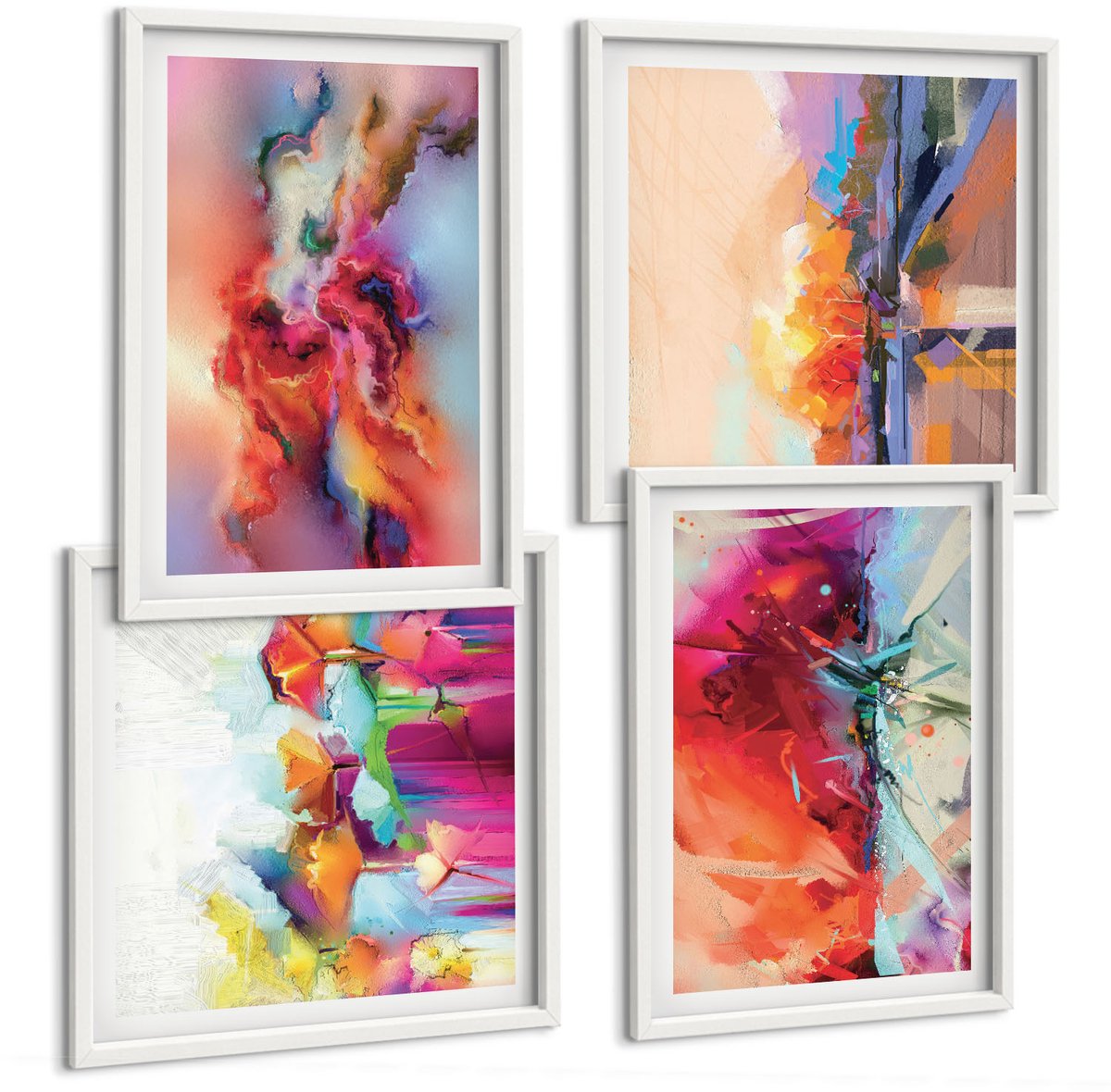 Coloray 4-Delige Schilderij Set - Kleurrijke Abstracties Met Dynamische Vormen En Figuren - 40 x 40 En 40 x 60 - Muurdecoratie - Interieur Decoratie - Decoratieve Schilderijen