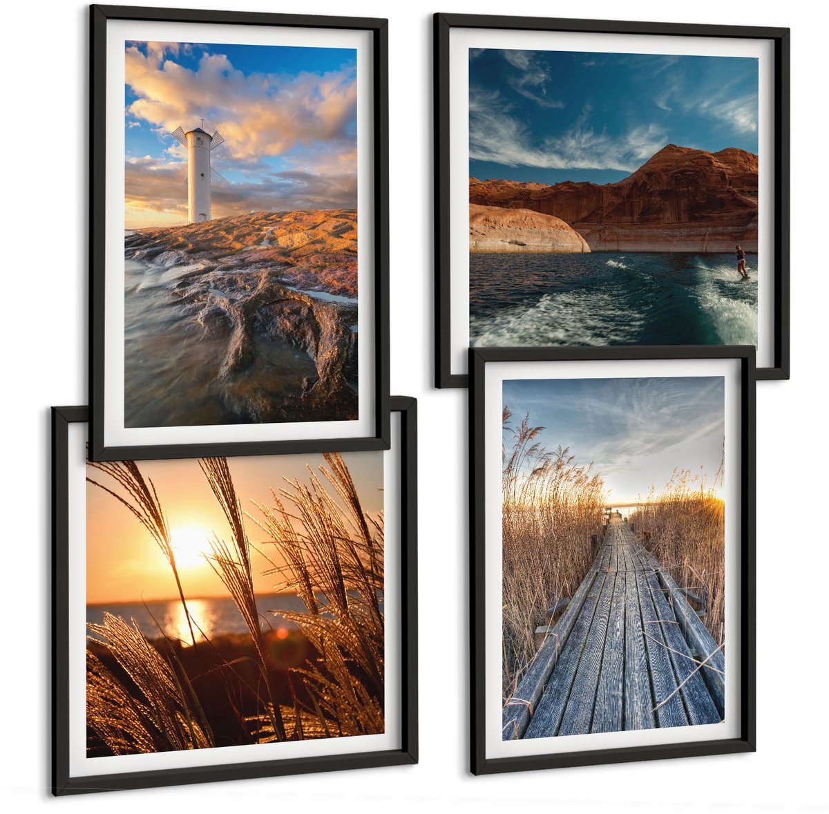 Coloray 4-Delige Schilderij Set - Uitzicht Op De Vuurtoren Over De Zee, Het Gras En Een Houten Pier. - 40 x 40 cm En 40 x 60 cm - Wanddecoratie - Moderne Interieurdecoratie - Decoratieve Schilderijen Zwarte lijst
