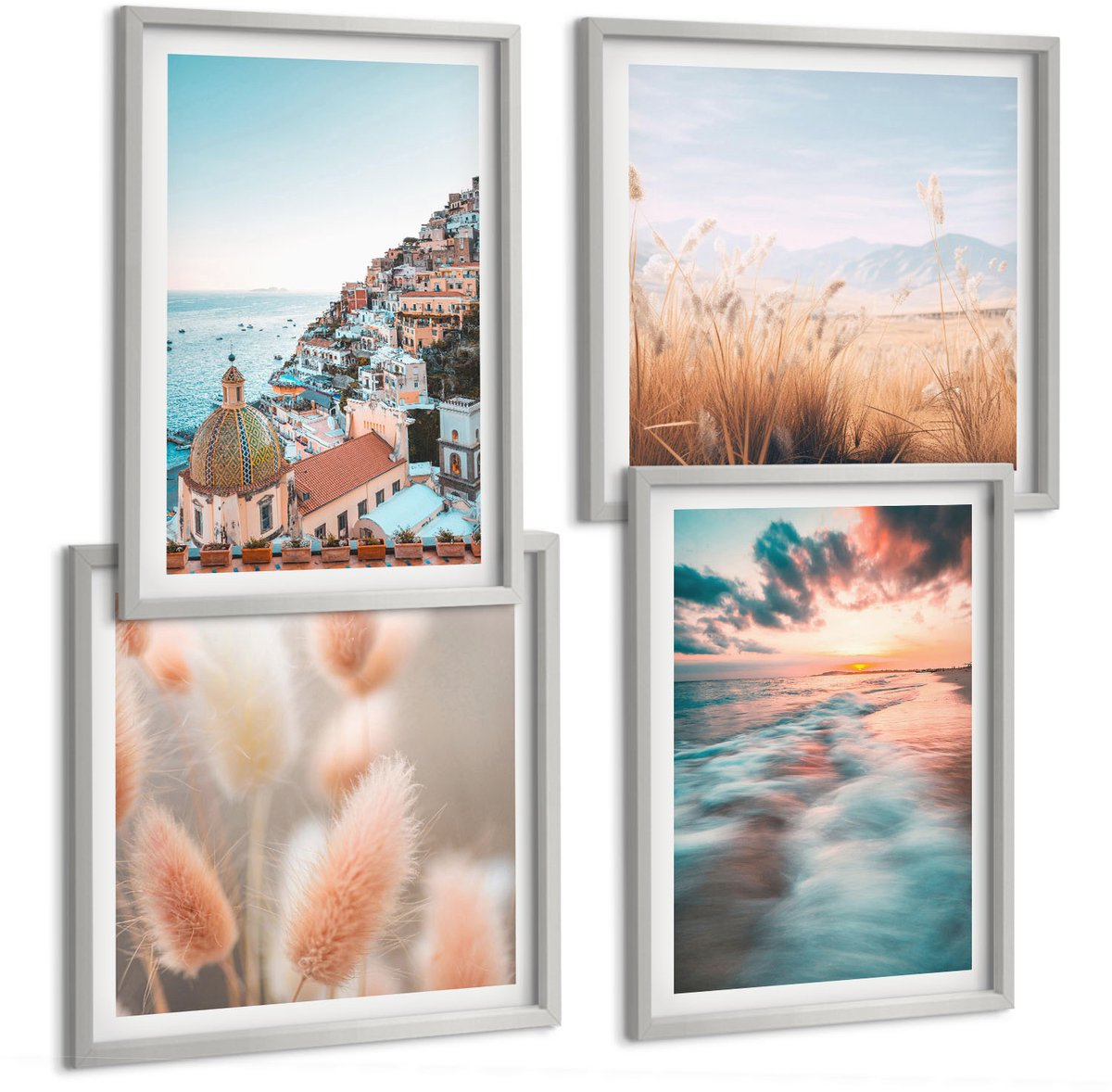 Coloray 4-Delige Schilderij Set - Uitzicht Op Zee, Zonsondergang, Kleurrijke Huizen, Bloemen - 40 x 40 cm En 40 x 60 cm - Wanddecoratie - Schilderijen Set - Interieur