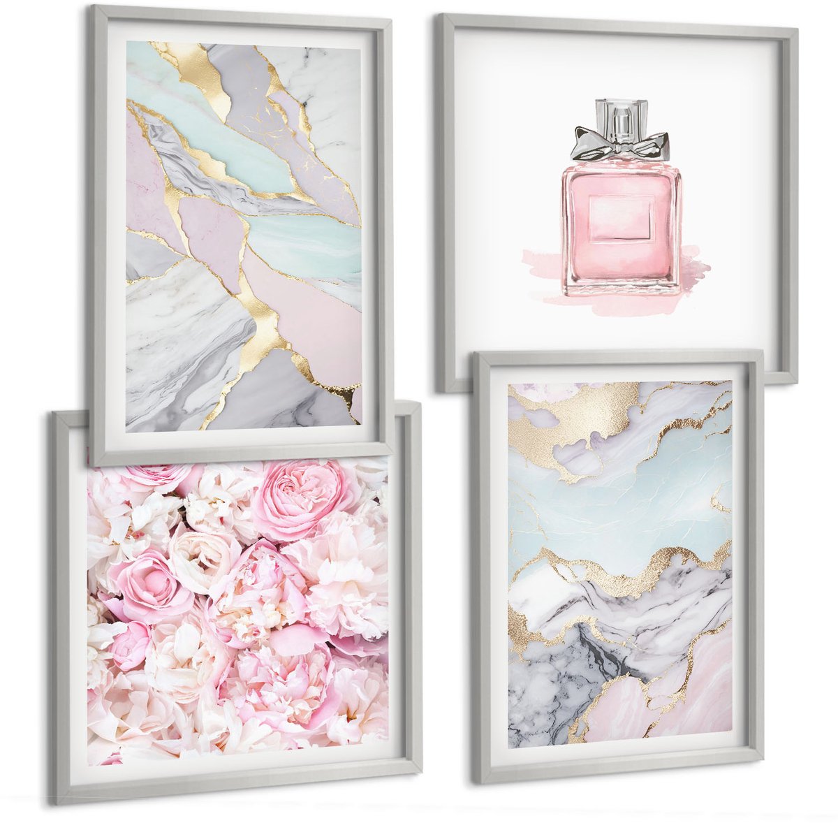 Coloray 4-Delige Schilderij Set - Roze Bloemen Met Marmer- En Pastelpatronen - 40 x 40 cm En 40 x 60 cm - Wanddecoratie - Muurdecoratie - Woonkamer - Stijlvolle Muurdecoratie