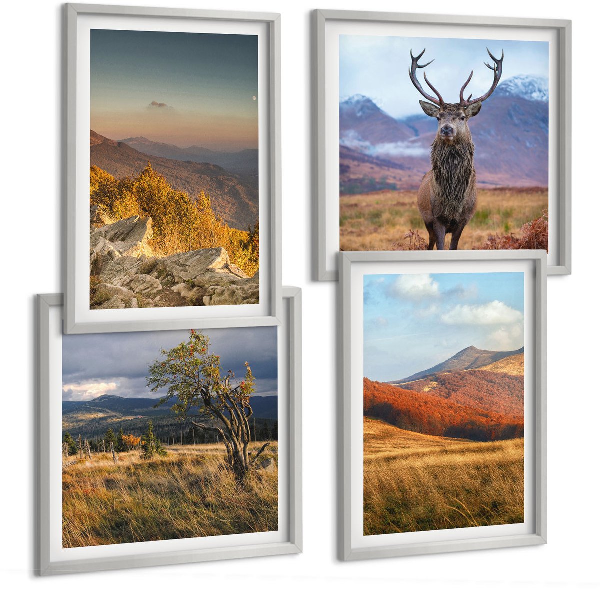 Coloray 4-Delige Schilderij Set - Berglandschappen Natuur Bergen Herten Grassen Open Plekken - 40 x 40 cm En 40 x 60 cm - Decoratieve Schilderijen - Woonkamer - Interieur - Stijlvolle Muurdecoratie
