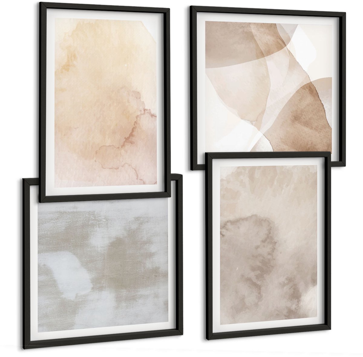Coloray 4-Delige Schilderij Set - Warme Aquarelverf Op Canvas, Pasteltexturen - 40 x 40 cm En 40 x 60 cm - Muurdecoratie - Schilderijen Set - Woonkamer - Stijlvolle Muurdecoratie Zwarte lijst