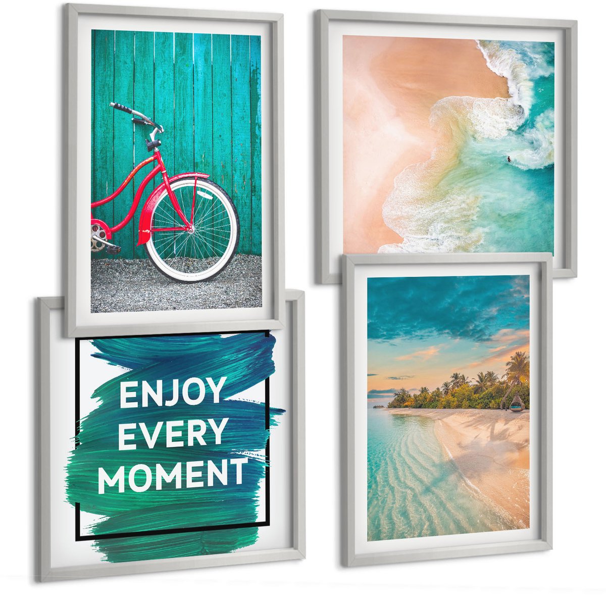 Coloray 4-Delige Schilderij Set - Zeezicht Met Boot En Fiets, Inspirerende Belettering - 40 x 40 cm En 40 x 60 cm - Decoratieve Schilderijen - Wanddecoratie - Hal - Interieur Decoratie