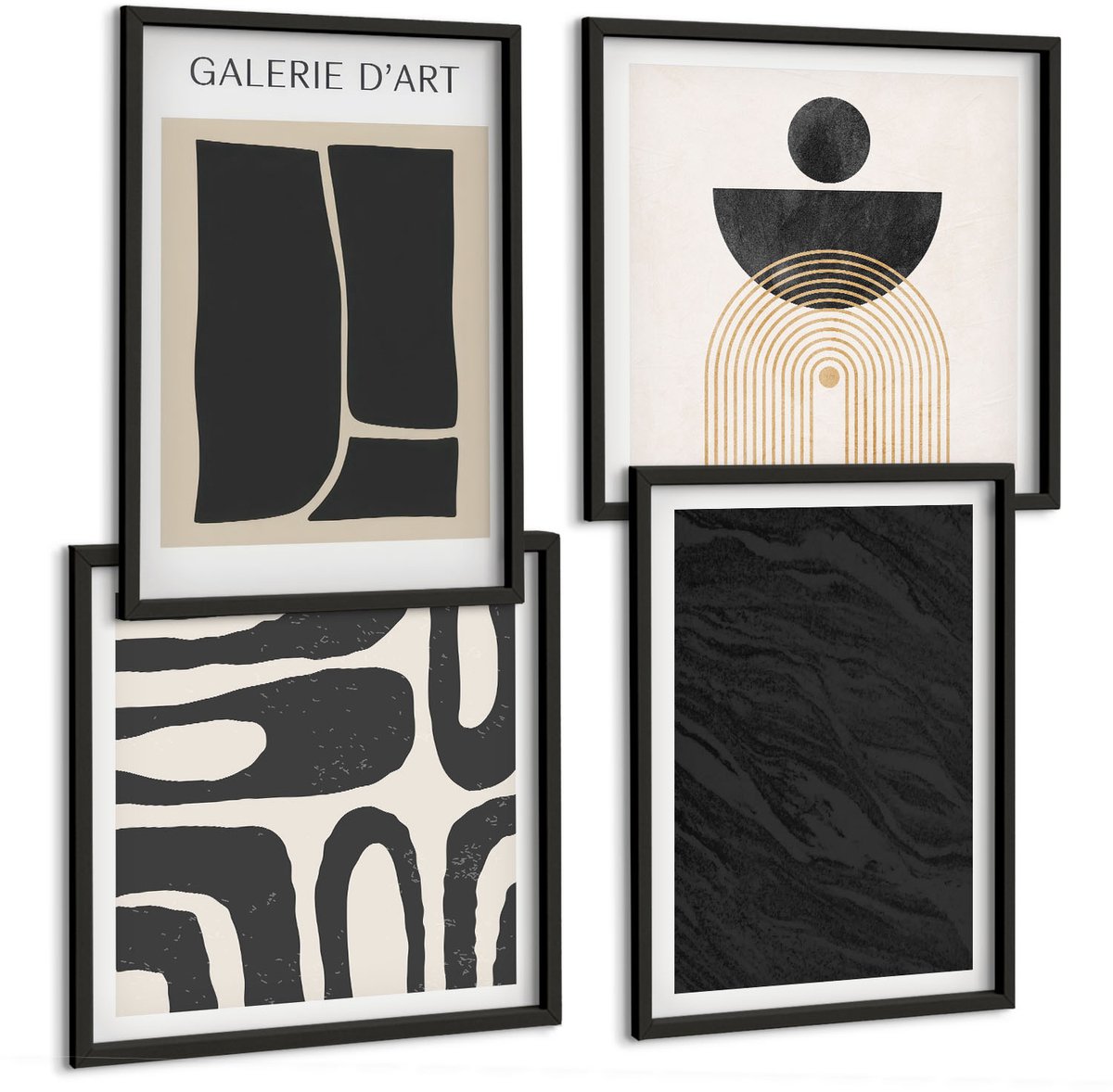 Coloray 4-Delige Schilderij Set - Abstracte Vormen En Donker Marmer - 40 x 40 cm En 40 x 60 cm - Muurdecoratie - Wanddecoratie - Slaapkamer - Woonkamer Decoratie Zwarte lijst
