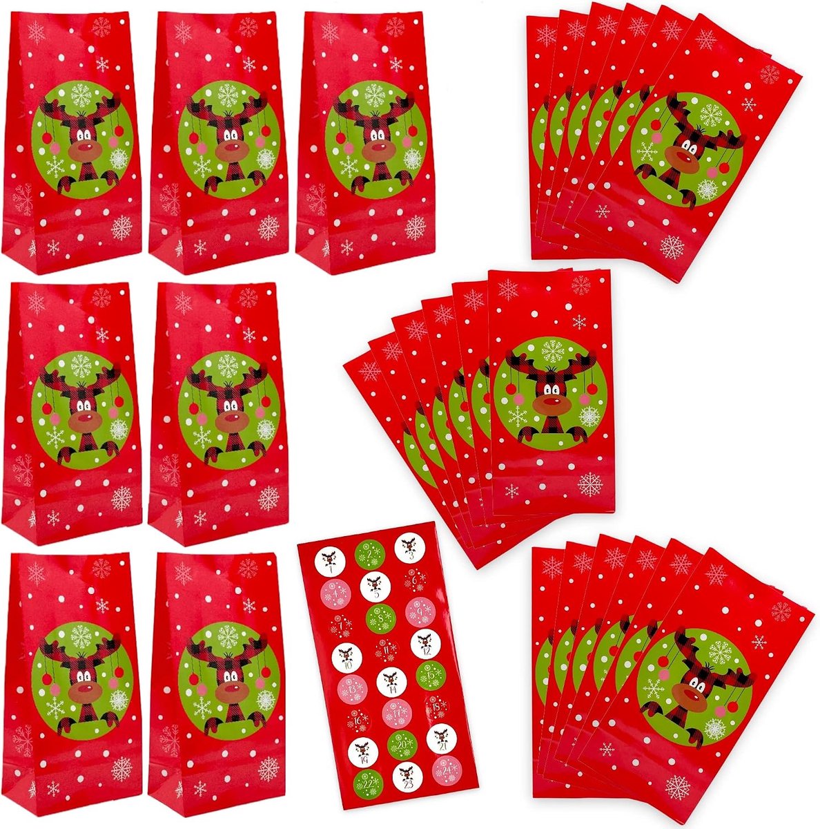 Dailygoods- Adventskalender om te vullen - Eland Paule - 24 zakjes - Cijferstickers - Doe-het-zelf voor volwassenen/kinderen - Perfect voor geschenken - Doe-het-zelf Kalender