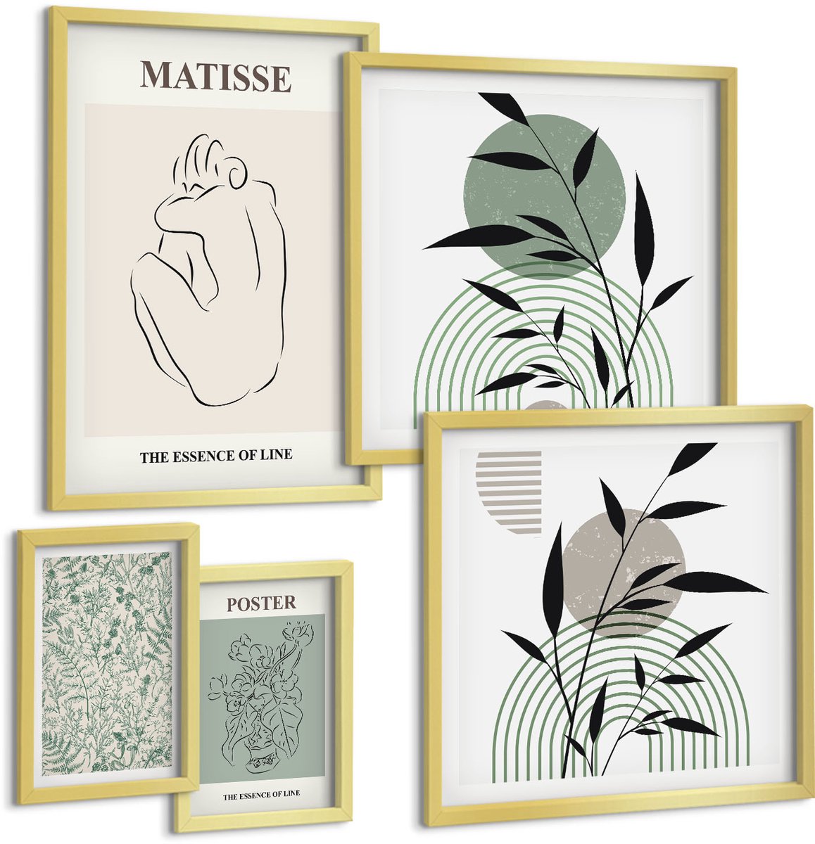 Coloray 5-Delige Schilderij Set - Stijlvolle Afbeeldingen Met Plantmotieven En Lijnen. - 50 x 50 cm, 20 x 30 cm En 40 x 60 cm - Wanddecoratie - Moderne Interieurdecoratie - Moderne Wanddecoratie