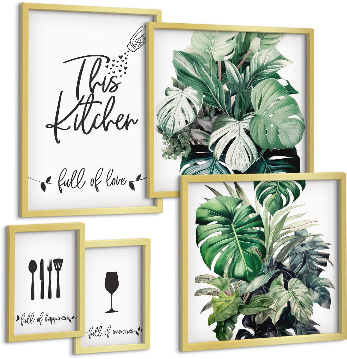Coloray 5-Delige Schilderij Set - Keukeninspiratie Met Planten En Positieve Slogans - 50 x 50 cm, 20 x 30 cm En 40 x 60 cm - Schilderijen Set - Wanddecoratie - Woonkamer - Woonkamer Decoratie