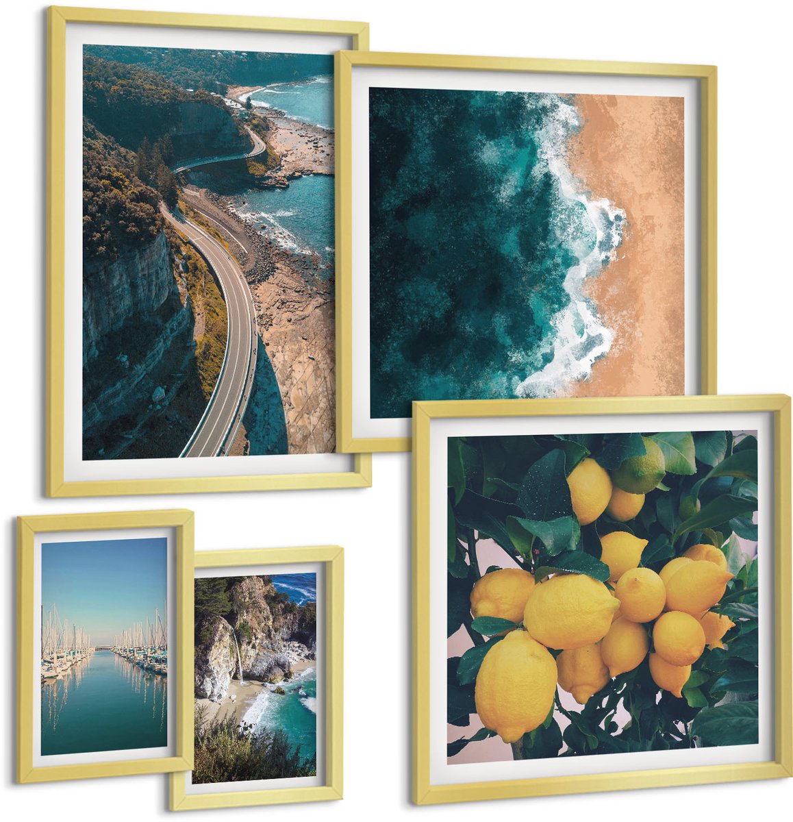 Coloray 5-Delige Schilderij Set - Kustlandschappen Met Stranden En Citrusvruchten - 50 x 50 cm, 20 x 30 cm En 40 x 60 cm - Muurdecoratie - Wanddecoratie - Slaapkamer