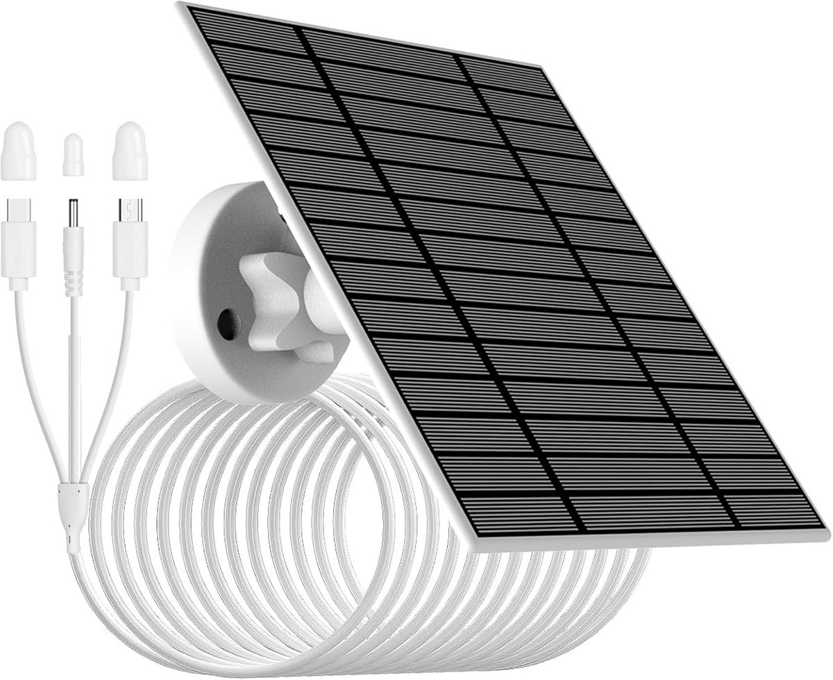 5V-6W zonnepaneel voor beveiligingscamera met micorUSB/Type-C/DC3513 connectoren.IP66,3m oplaadkabel,compatibel met Ring Blink Wyze DZEES EUFYcam 2/2pro/2c/2c pro/E/3C/L20/L40/S40