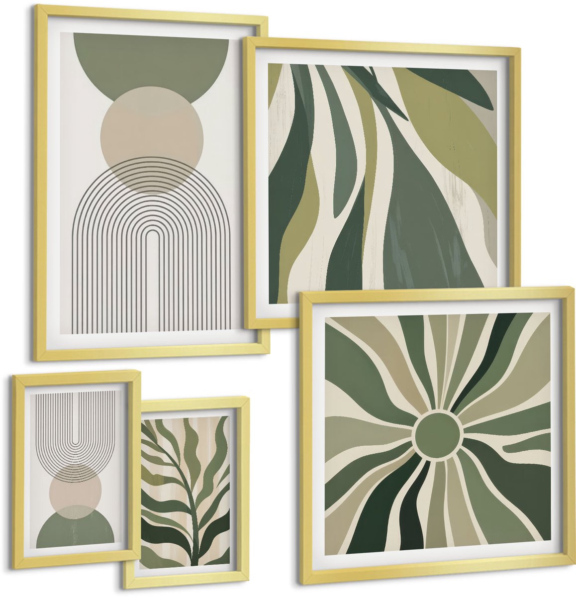 Coloray 5-Delige Schilderij Set - Stijlvolle Abstracties In Tinten Groen En Beige. - 50 x 50 cm, 20 x 30 cm En 40 x 60 cm - Decoratieve Muurdecoratie - Slaapkamer - Stijlvolle Muurdecoratie