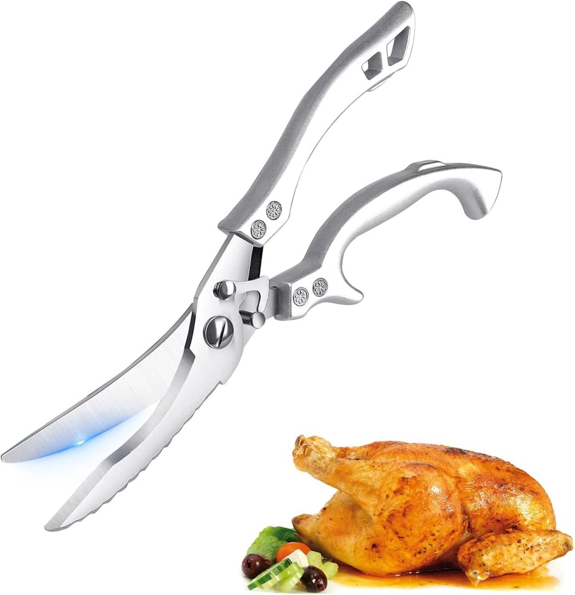 Scherpe keukenschaar, pluimveeschaar, roestvrij staal met ergonomische handgreep, vleesschaar, voor het snijden van eend, kip, gans, kalkoen of kalkoen (zilver)