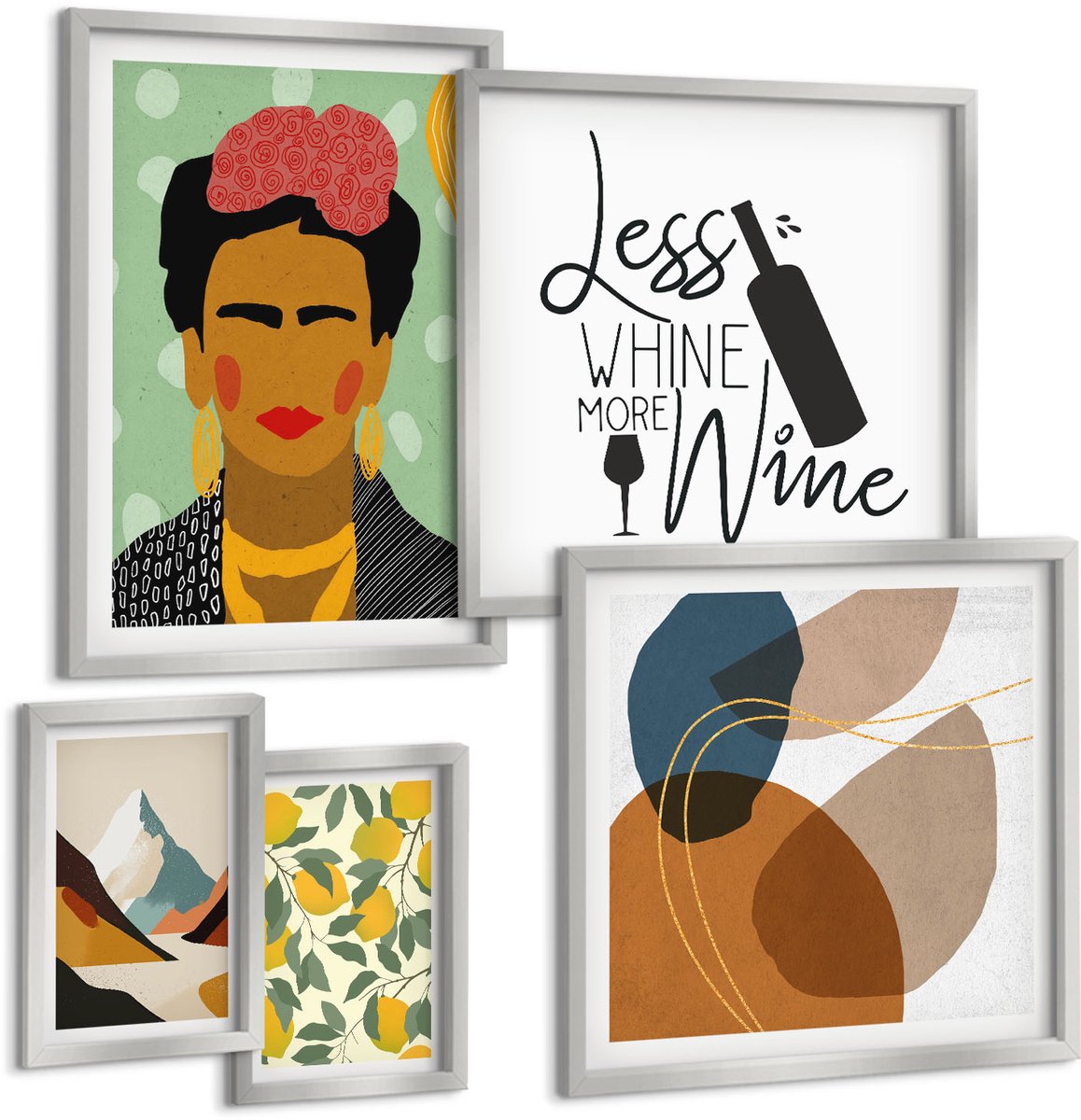 Coloray 5-Delige Schilderij Set - Citroenen Wijnfles Portret Van Frida Kahlo - 20 x 30 cm - Stijlvolle Muurdecoratie - Slaapkamer - Wanddecoratie