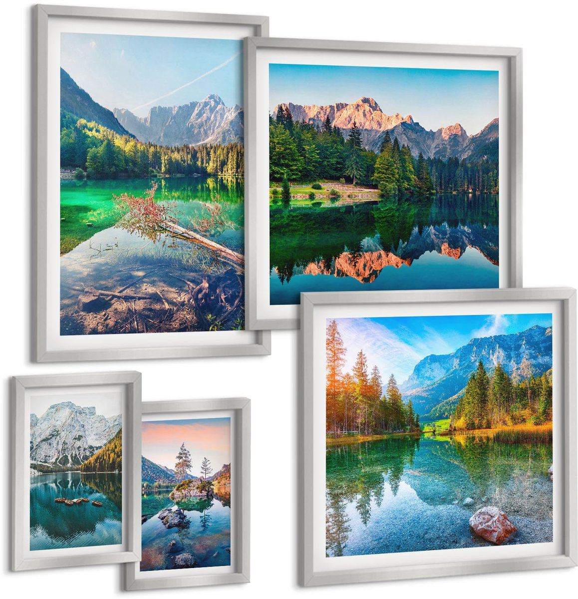 Coloray 5-Delige Schilderij Set - Herfstlandschap In De Bergen Met Een Rivier En Een Huisje Aan Het Water. - 20 x 30 cm - Decoratieve Muurdecoratie - Slaapkamer - Decoratieve Schilderijen
