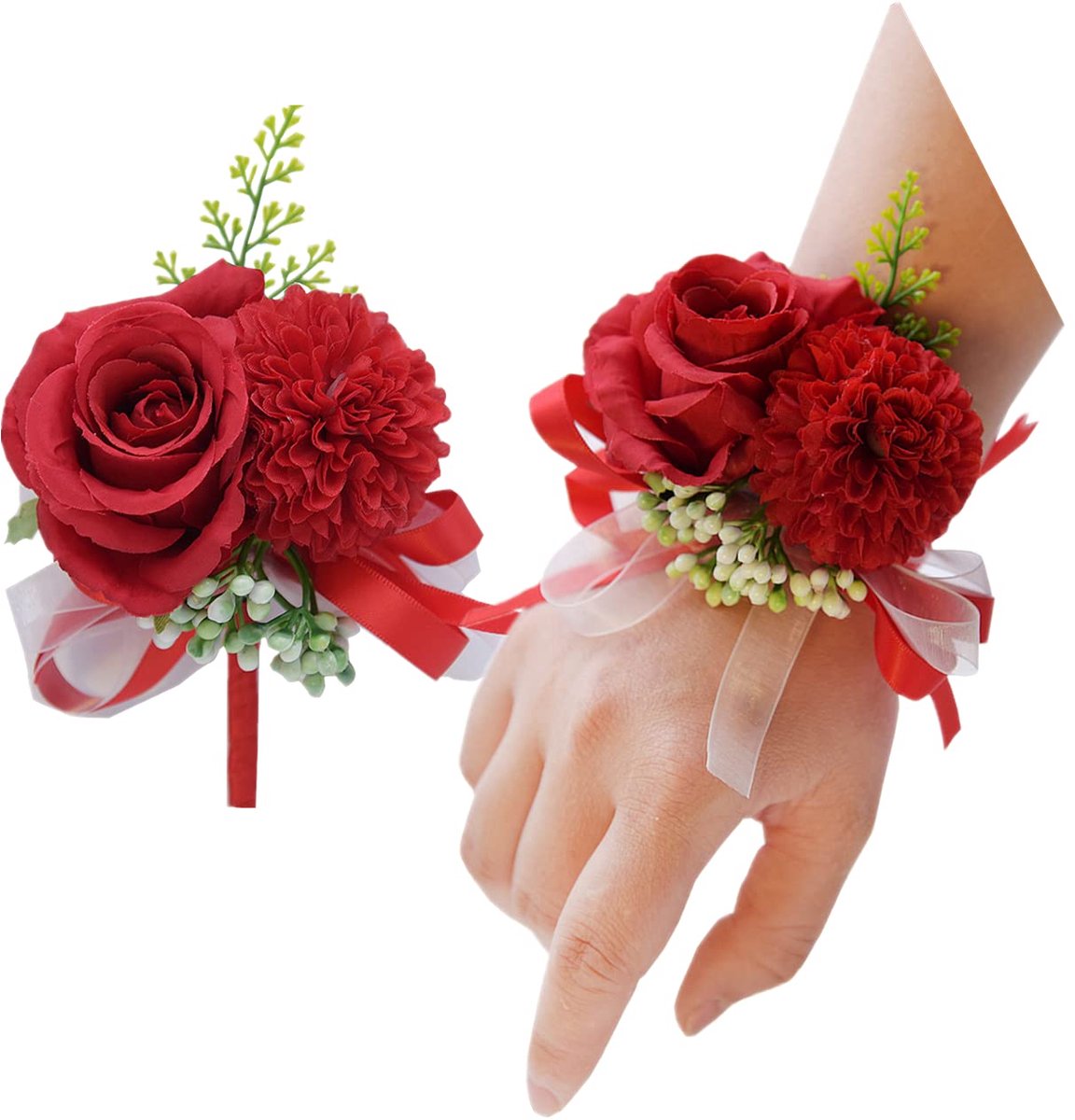 Bloemen pols corsage boutonniere set, 3 inch kunstmatige roos en anjer handgemaakte zijden bloem voor bruiloft bloemen accessoires prom pak decor (rood)
