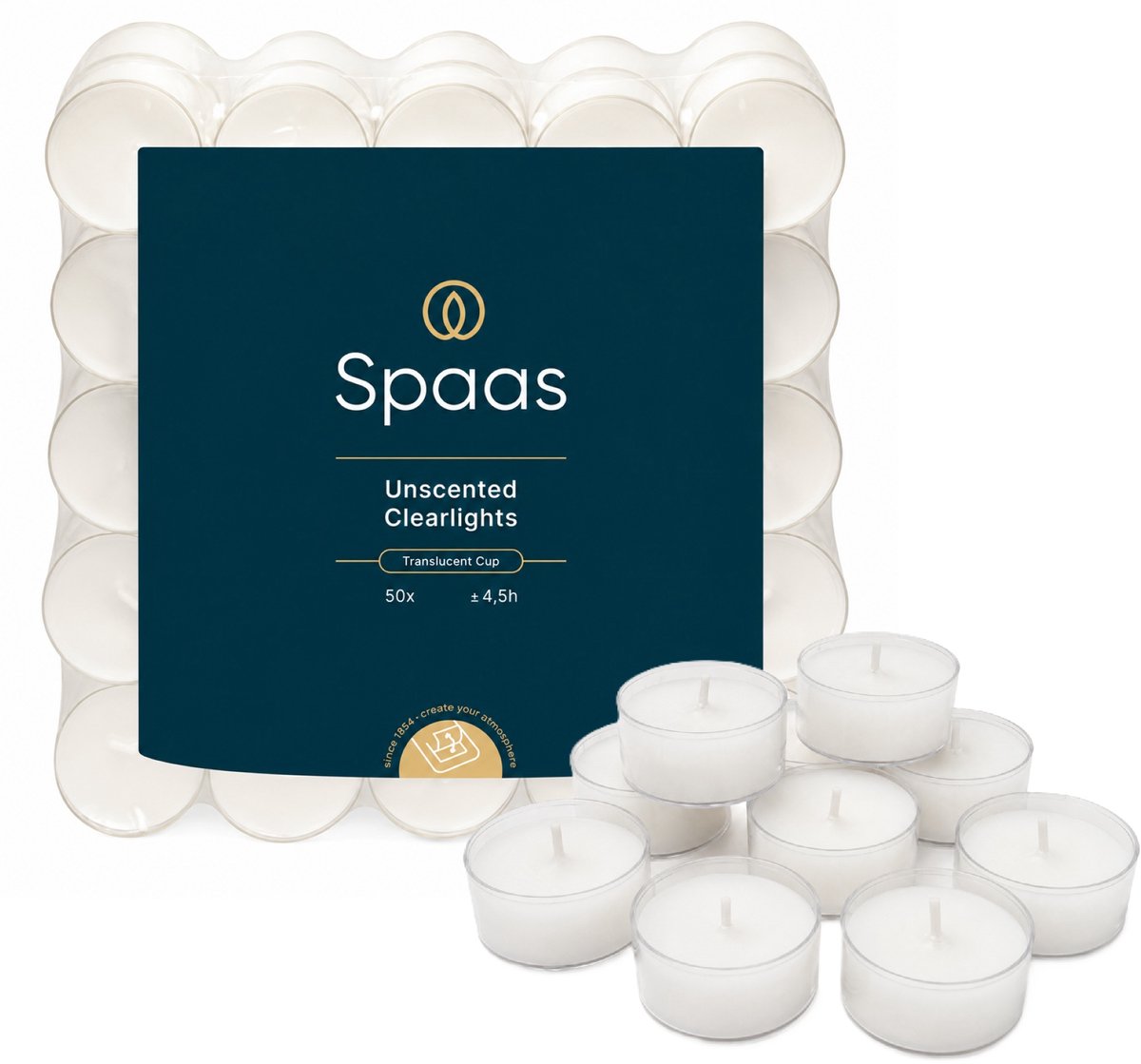 SPAAS Clearlights theelichtjes in doorzichtige cups - 4,5 uren - set van 50 stuks wit