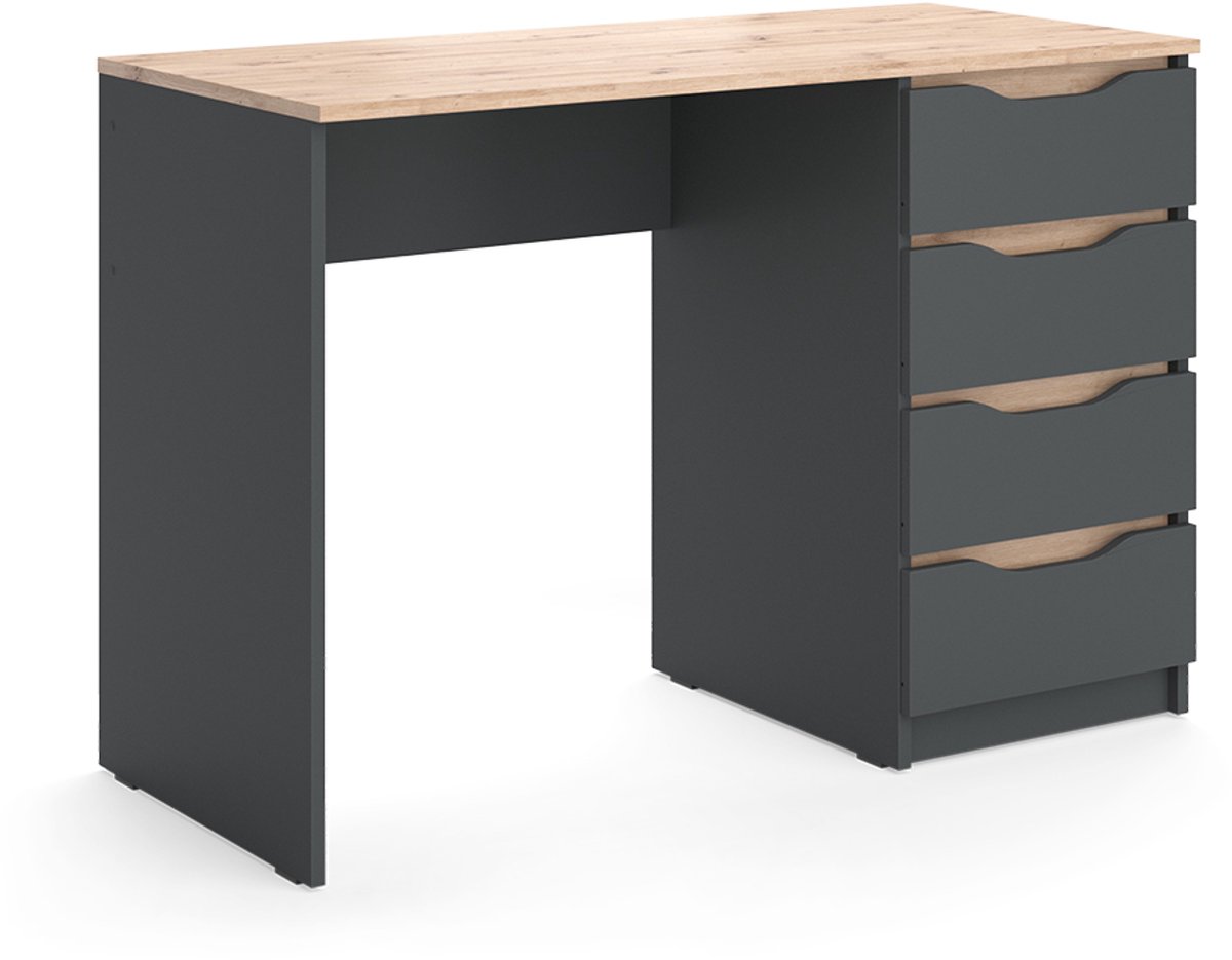 Vicco Bureau Ruben, Antraciet/Artisanaal eiken, 110 x 50 cm met 4 lades