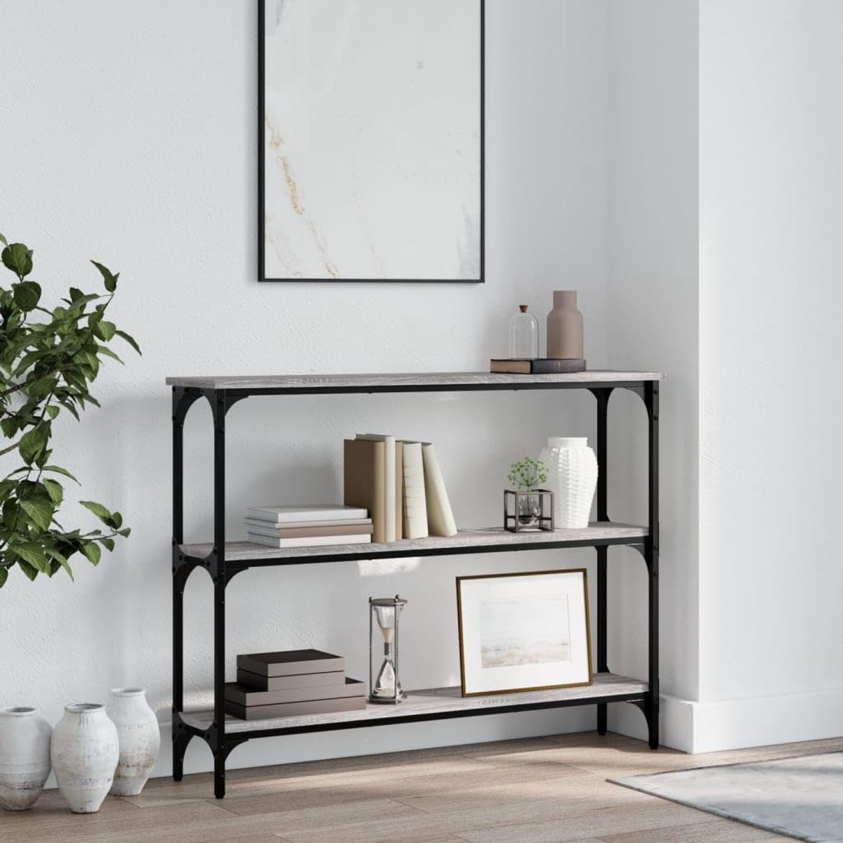 Consoletafel grijs Sonoma 100 x 22,5 x 75 cm, houtmateriaal met vier verstelbare poten en metalen frame, haltafel, woonkamertafel voor opbergruimte