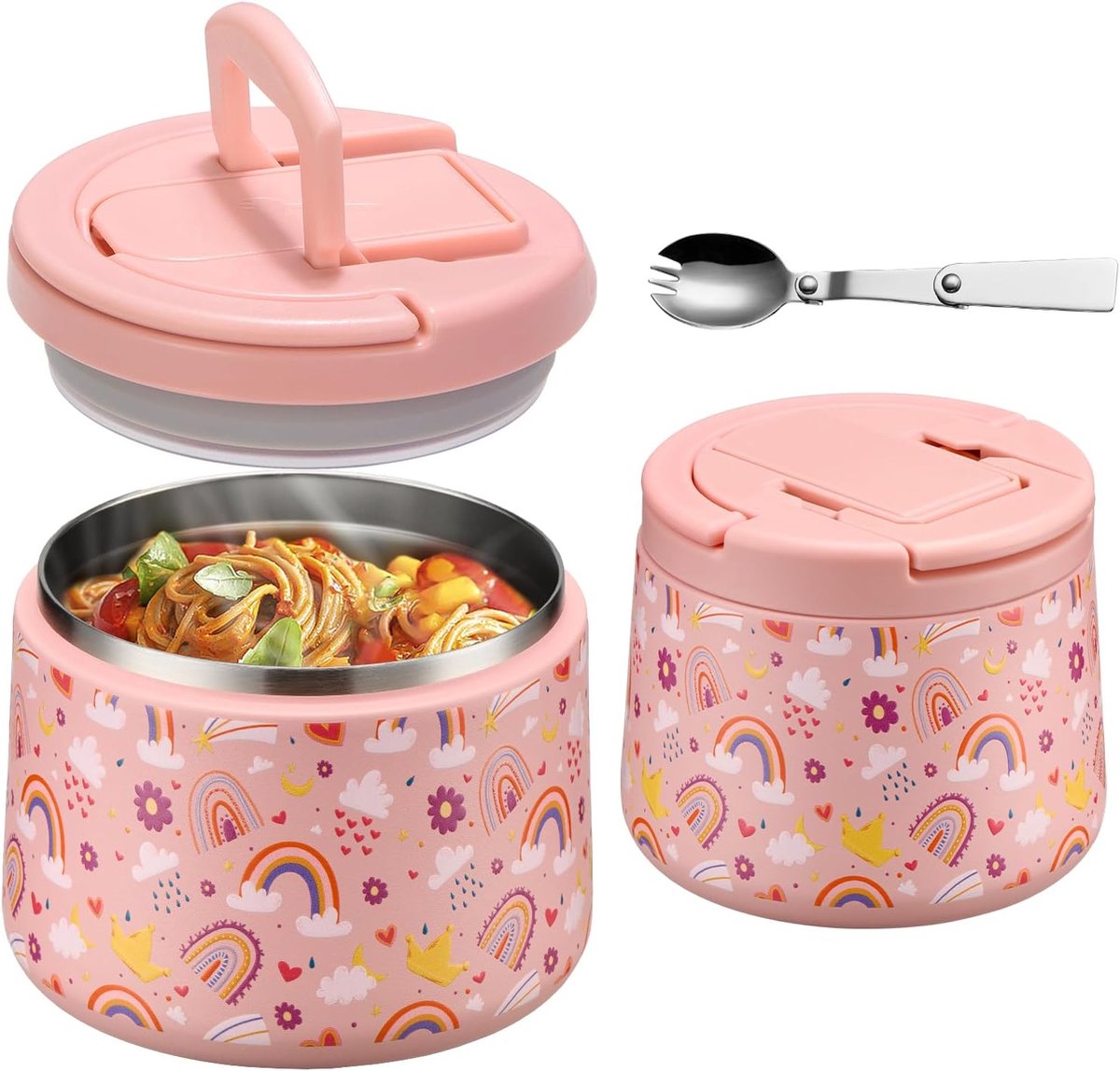 Thermocontainer voor eten, warmhoudcontainer, roestvrij staal, met gespdeksel en lepel, thermo-lunchbox voor kinderen, lekvrij, voedselcontainer voor picknick, scholen en kantoren, regenboog