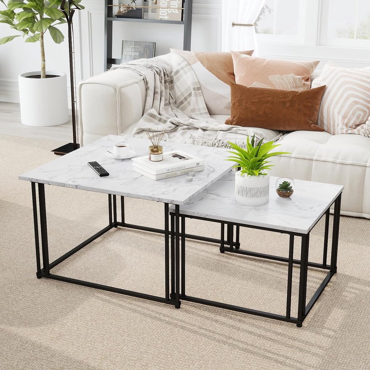 Set van 2, 80 x 80 x 49 cm + 60 x 60 x 42 cm, salontafels voor woonkamer, woonkamertafel, modern, wit imitatie marmer met metalen frame, zettafels voor de woonkamer, vierkant