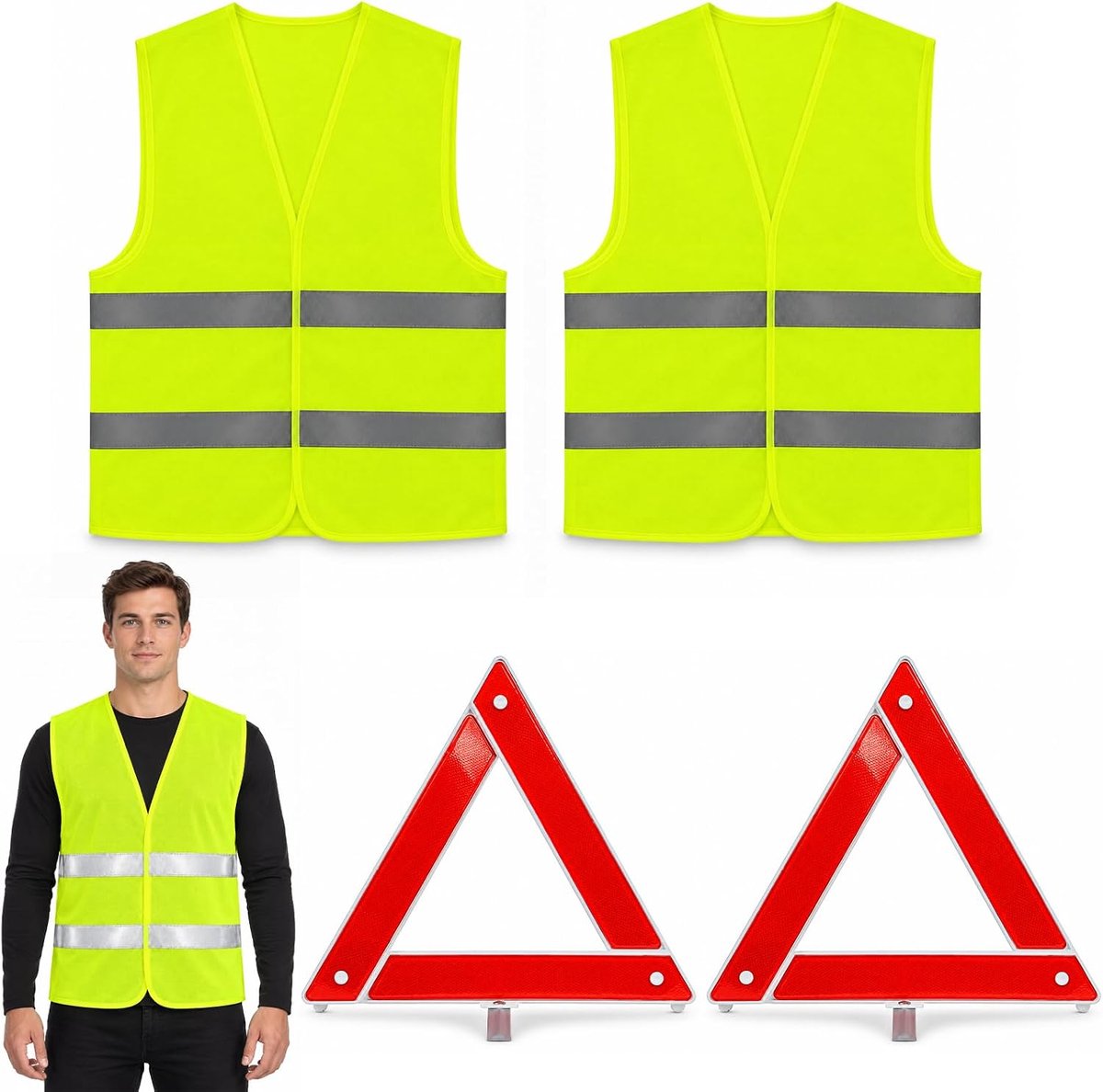 4-in-1 waarschuwingsdriehoek auto veiligheidsvesten set met
