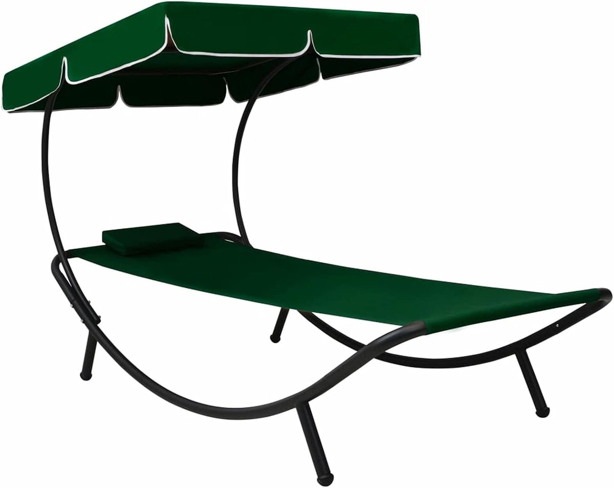 Ligstoel met zonnedak en kussens, ideaal voor zwembad, terras, buiten, veranda, groen, 200 x 90 x 112 cm